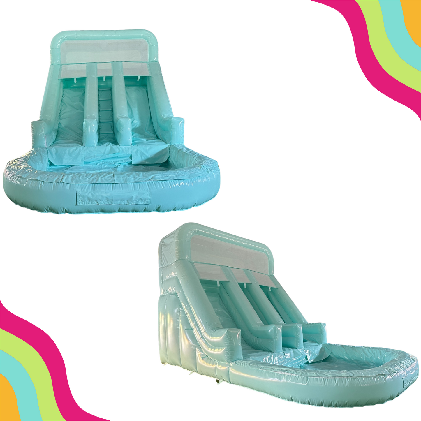 Ready for hours of sliding fun? Give little imaginations a boost with hours of active play. Our water slide inflatable slip and slide will be irresistible to adults and kids alike. DFW Confetti Bounce is a modern bounce house rental in arlington tx servicing Dallas Fort Worth TX