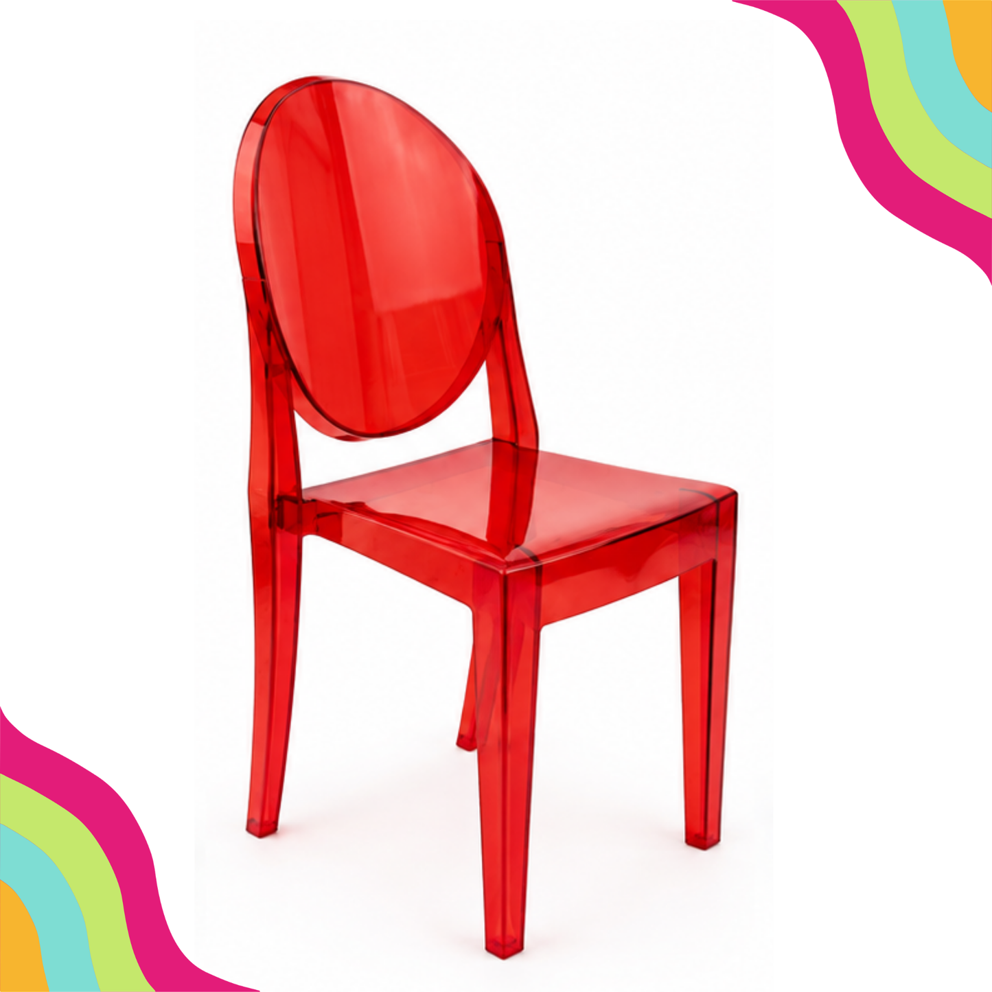 Create an unforgettable party setup with the Red Acrylic Ghost Kids Chair, available from DFW Confetti Bounce DFW Party Rentals.