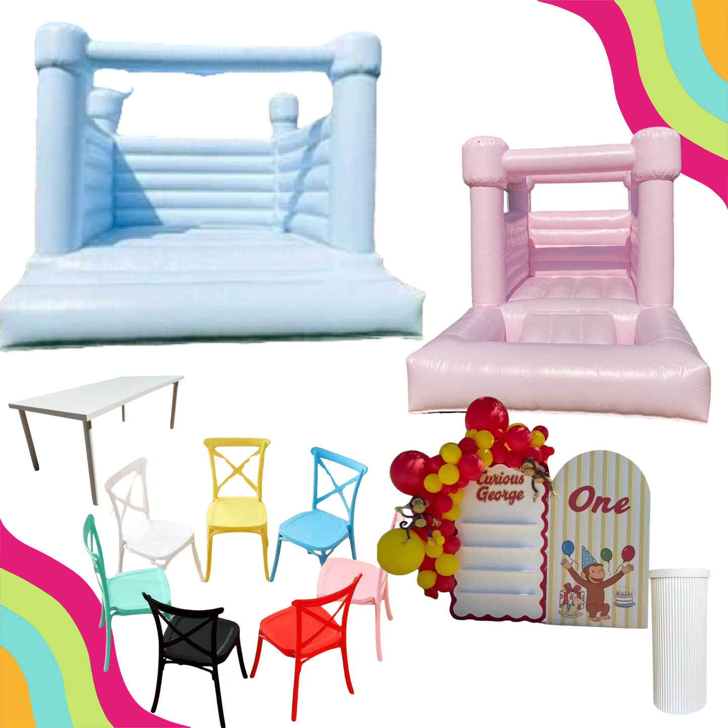 Modern bounce house, kids seating, backdrop, and a favor wall rental. serving the dallas fort worth area and surroundings.