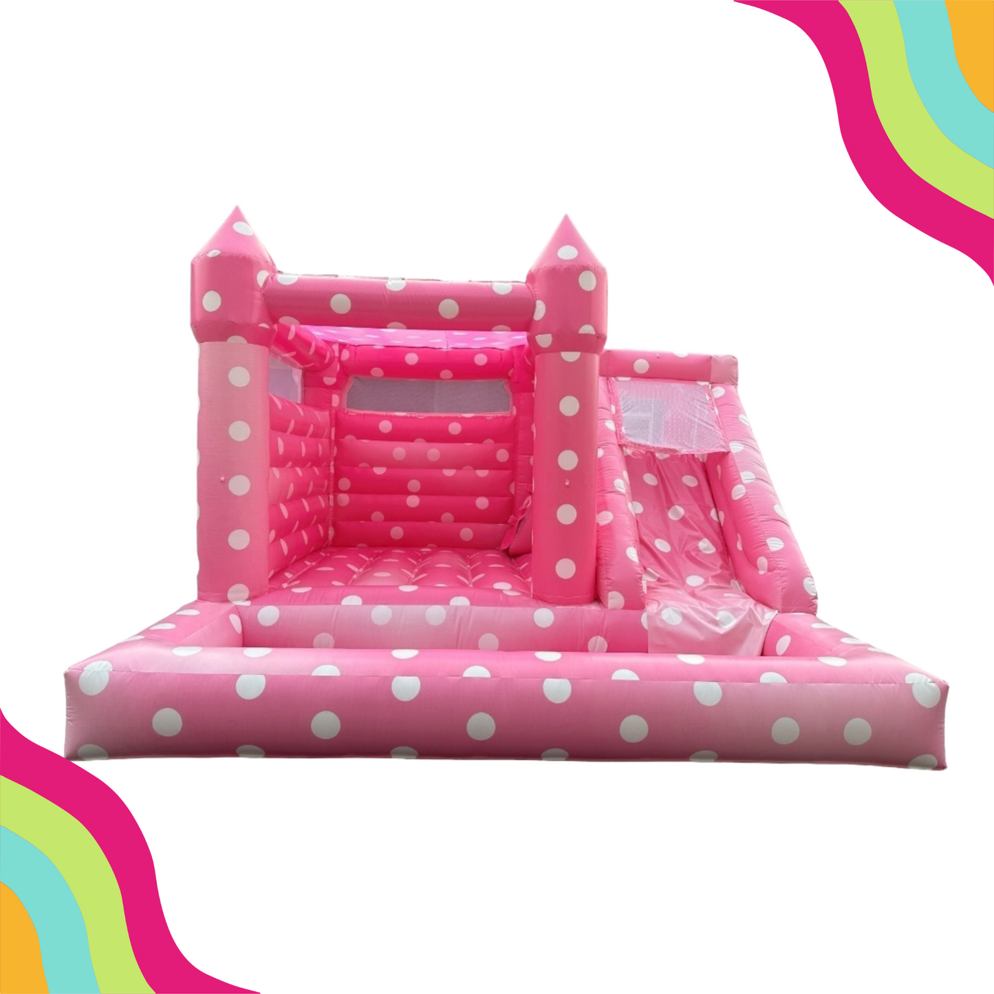 Searching for a modern bounce house rental in Dallas-Fort Worth? Our Pink Polka Dot Modern Bounce House is the perfect blend of fun and style for any event! Available for rent across DFW and surrounding rural areas, we bring a trendy, Instagram-worthy touch to birthdays, weddings, and celebrations. Book your luxury modern bounce house rental near you today!