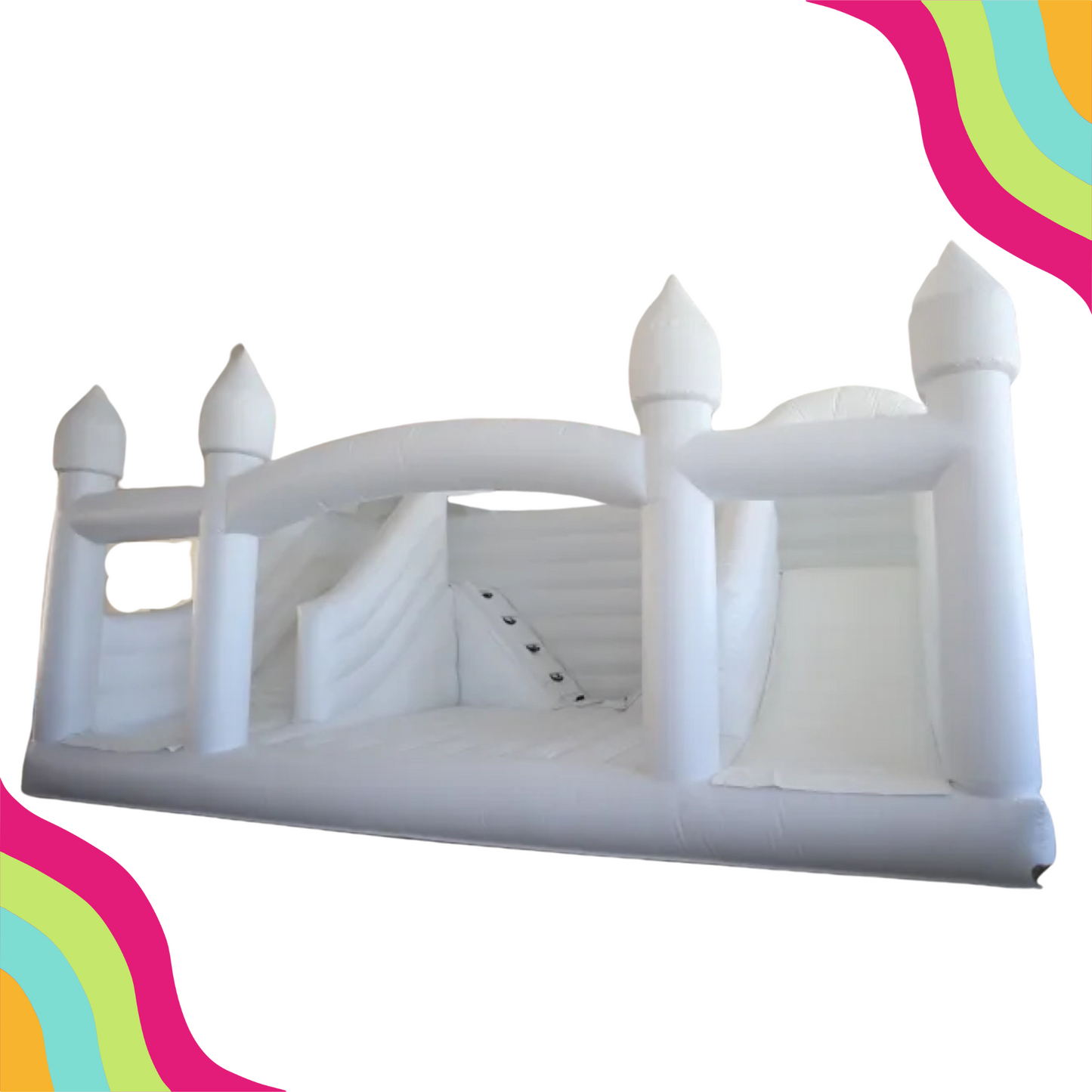 Check it out! The ultimate modern white bounce house rental is ready to take your celebration to the next level! Serving the heart of Dallas Fort Worth, TX, this is the perfect addition to any corporate, wedding, birthday party event. Featuring double slides on this modern bounce house.