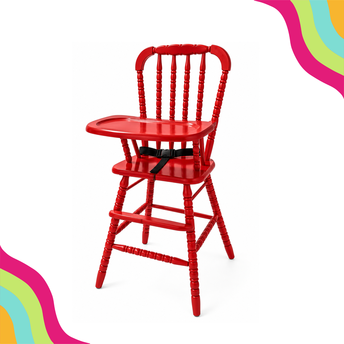 Vintage Red High Chair for babies and toddlers available to rent from DFW Confetti Bounce, perfect for first birthdays, cake smash photos, milestone celebrations, and vintage-inspired party décor in Dallas–Fort Worth, Texas.