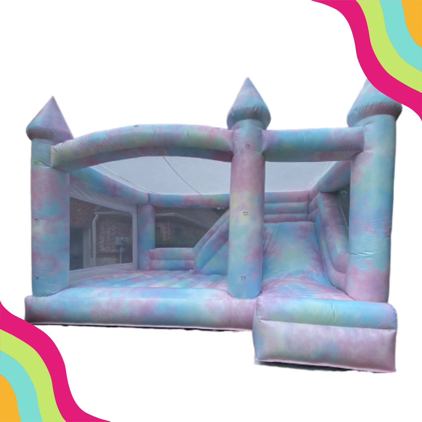 DFW Confetti Bounce premier bounce house company serving Dallas Fort Worth TX. Featuring cotton candy tie dye bounce house and slide.