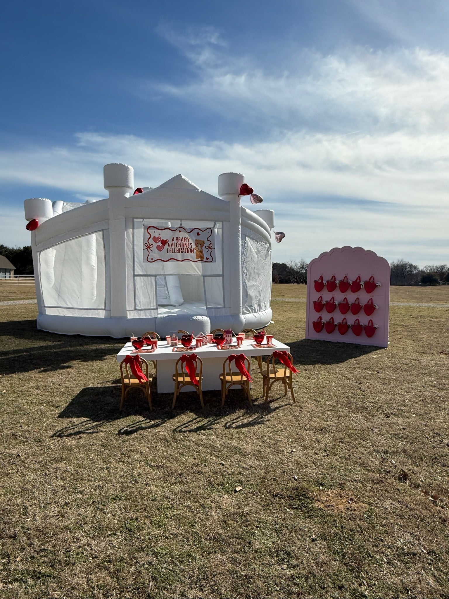 Modern minimalist white bounce house "The Opal" featuring dual inflatable slides and mesh netting for visible play - DFW Confetti Bounce