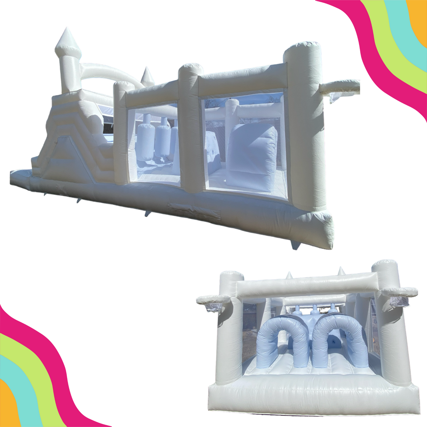 DFW Confetti Bounce premier modern white bounce house company featuring a versatile modern obstacle course. 