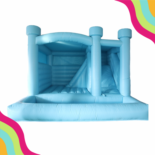 Looking for a unique and vibrant bounce house rental near you? Look no further than Tropical Paradise! Our turquoise triple modern bounce house combo will add a splash of color and fun to any event. Get ready to bounce, slide, and play in style!
