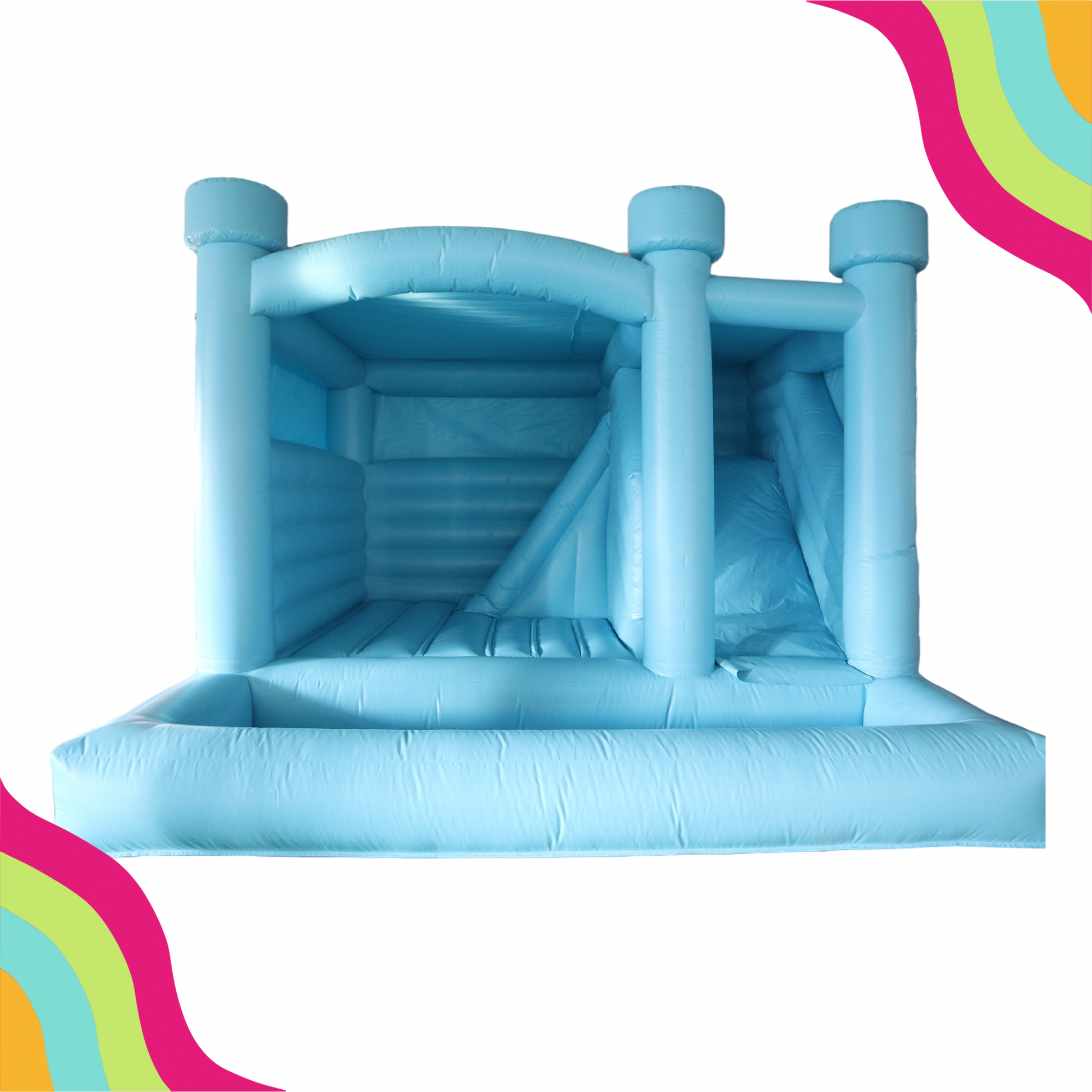 Looking for a unique and vibrant modern bounce house rental near you? Look no further than Tropical Paradise! Our turquoise triple modern bounce house combo will add a splash of color and fun to any event. Get ready to bounce, slide, and play in style!