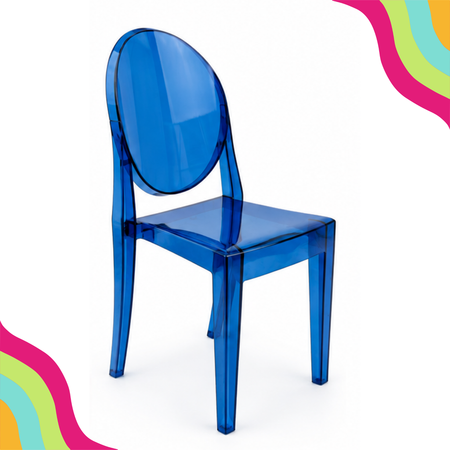 Fun acrylic primary blue kids ghost chairs. Reserve yours today from DFW Confetti Bounce DFW Party Rentals!