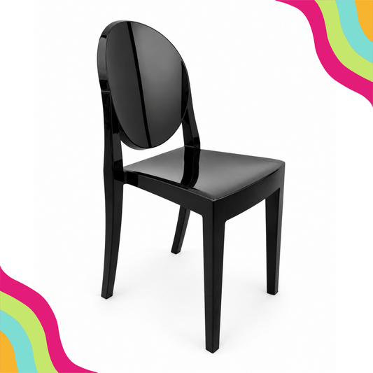 Stylish black transparent ghost kids chair for themed birthday parties and event seating in Dallas-Fort Worth - DFW Confetti Bounce
