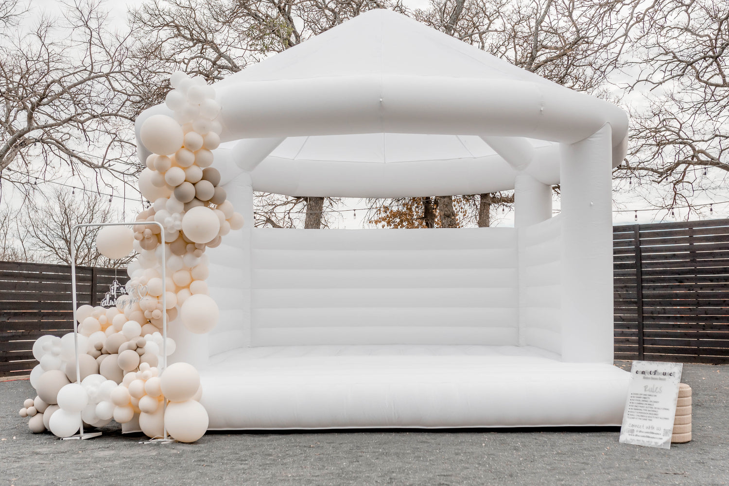 DFW Confetti Bounce, Dallas Fort Worth premiere white bounce house, bubble house and event rental company providing party essentials for all needs and sizes.