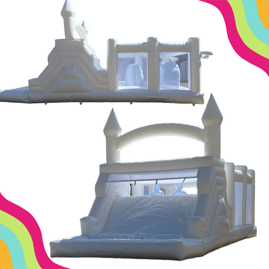 DFW Confetti Bounce premier modern white bounce house company featuring a versatile modern obstacle course. 