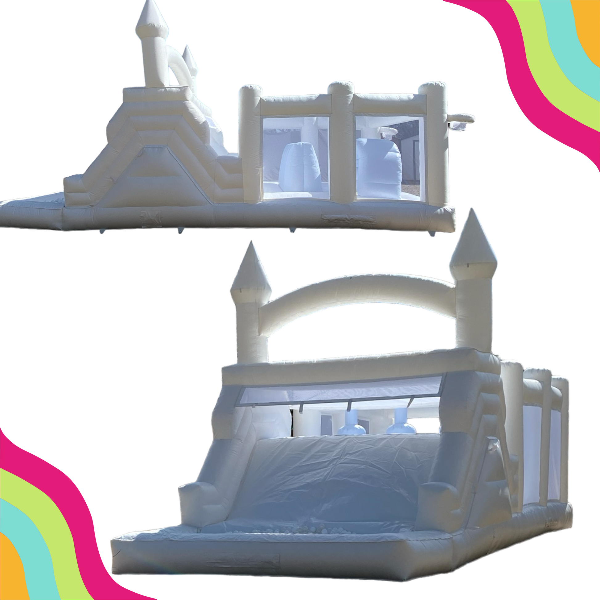 DFW Confetti Bounce premier modern bounce house company also know as the white bounce house featuring a versatile modern obstacle course. 