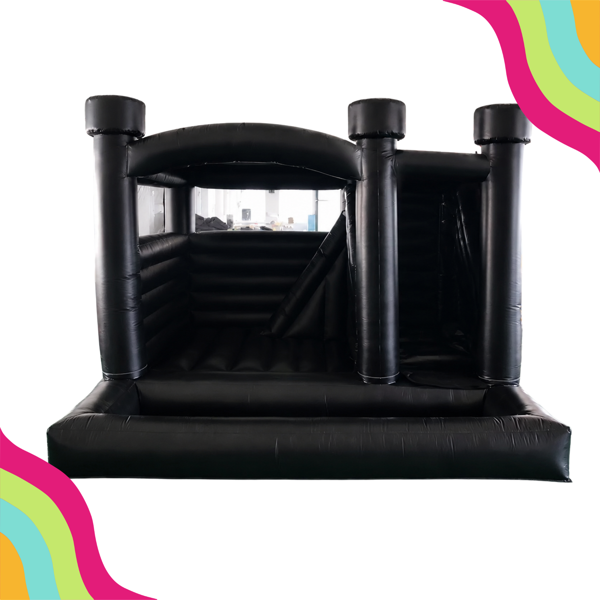 Eclipse black bounce house combo with attached ball pit, climbing wall, and slide rental from DFW Confetti Bounce in the Dallas-Fort Worth area.