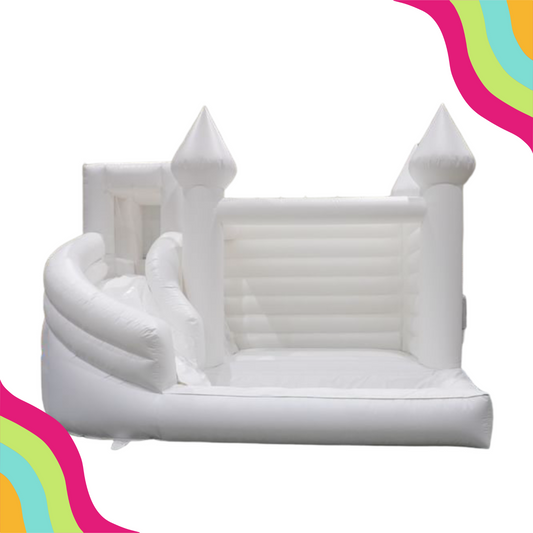 Add some splash to your summer with the Crystal Cascade triple combo water slide. This quirky and fun inflatable features a white modern water slide, splash pad, and bounce house for hours of entertainment. Perfect for kids, it's the ultimate way to beat the heat!