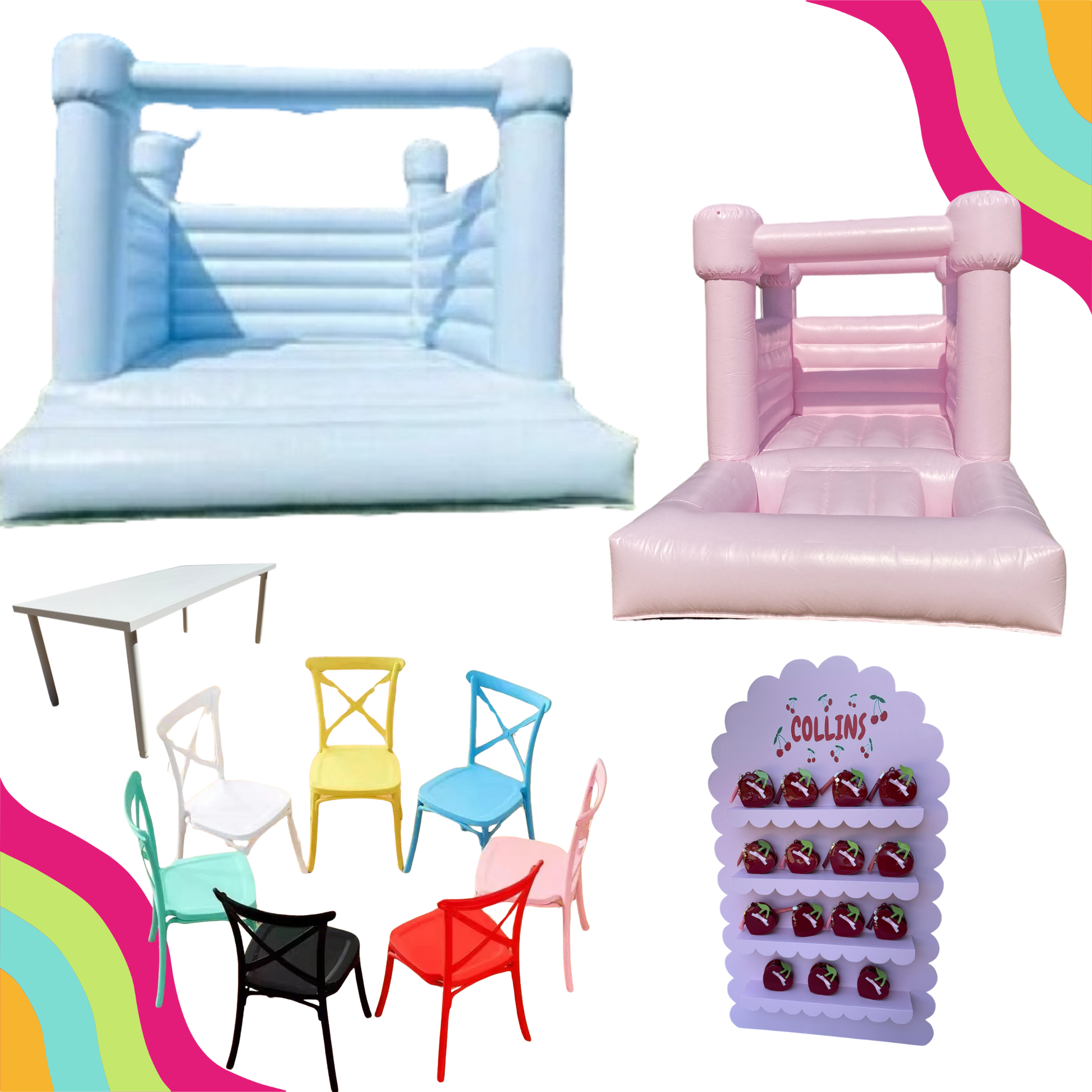 Modern bounce house, kids seating and a favor wall rental. serving the dallas fort worth area and surroundings. 