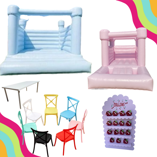 Modern bounce house, kids seating and a favor wall rental. serving the dallas fort worth area and surroundings. 