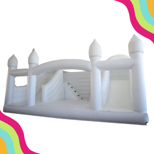 Check it out! The ultimate modern white bounce house rental is ready to take your celebration to the next level! Serving the heart of Dallas Fort Worth, TX, this is the perfect addition to any corporate, wedding, birthday party event. Featuring double slides on this modern bounce house. 