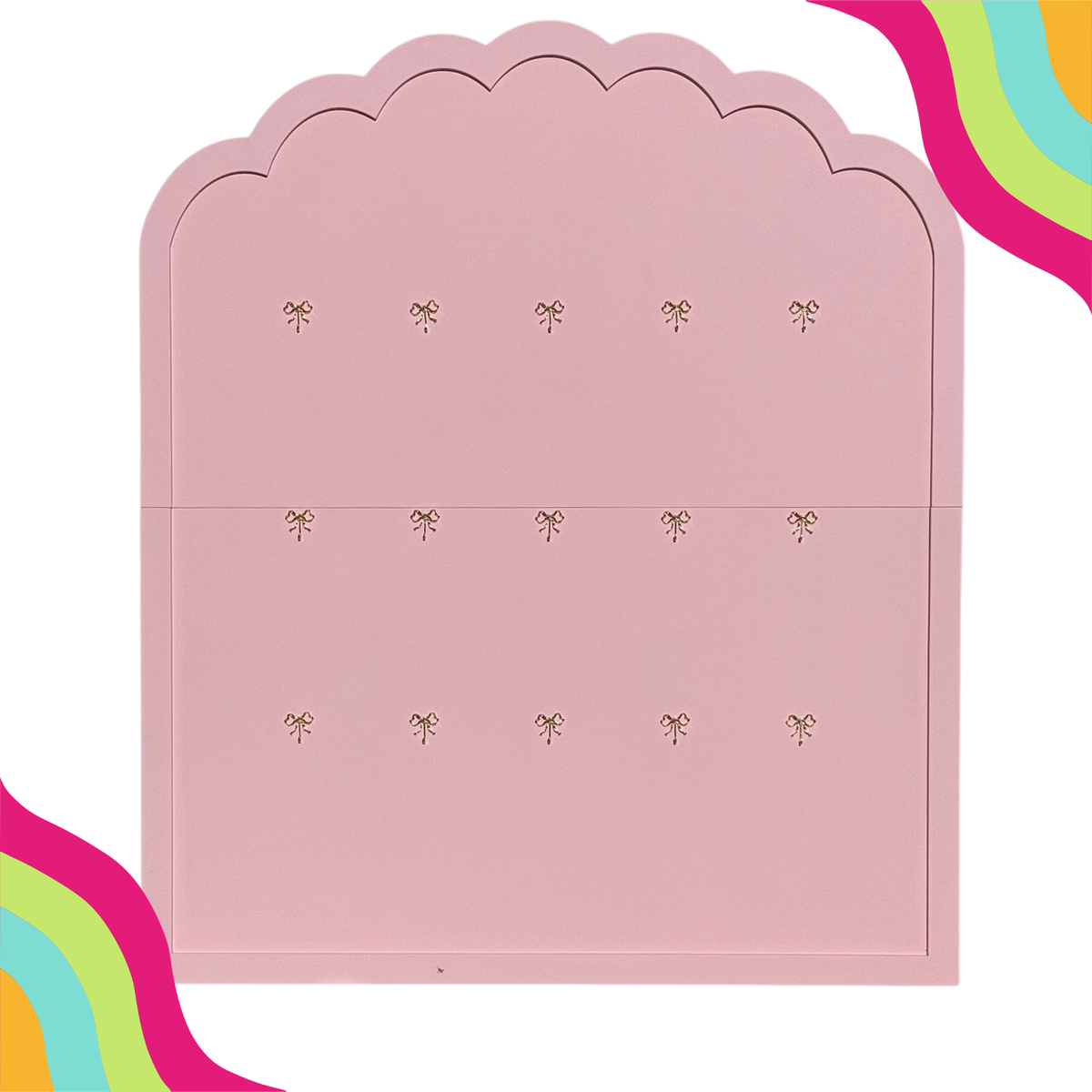 Gold bow hanger favor wall for princess and girls’ birthday parties, featuring elegant gold bow details and hanging spaces for party favors. Party rental furniture dfw 