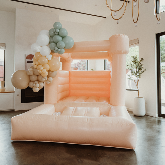 Dallas and Fort Worth preferred bounce houses. White bounce house rental, modern bounce house rental, slide bounce houses, toddler bounce house, bubble house, kids seating, and party furniture.