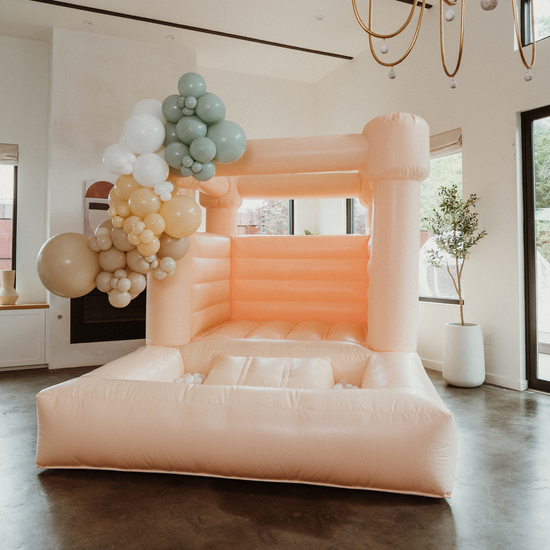 Dallas and Fort Worth preferred bounce houses. White bounce house rental, modern bounce house rental, slide bounce houses, toddler bounce house, bubble house, kids seating, and party furniture. 