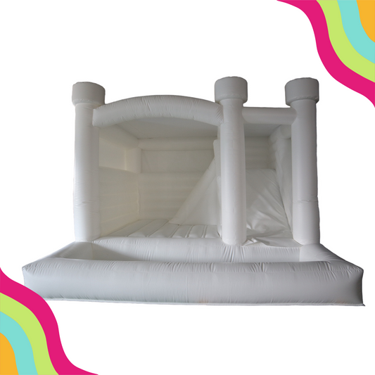 Cloud Castle- white bounce house castle, this modern triple bounce house includes a bounce, slide, and ball pit. Serving all of the Dallas Fort Worth Texas area and surroundings. Your local premier modern bounce house rental company.