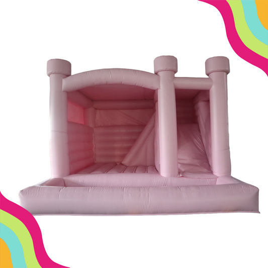 Experience endless fun with this pink modern bounce house rental featuring a slide, pit, and bounce area.